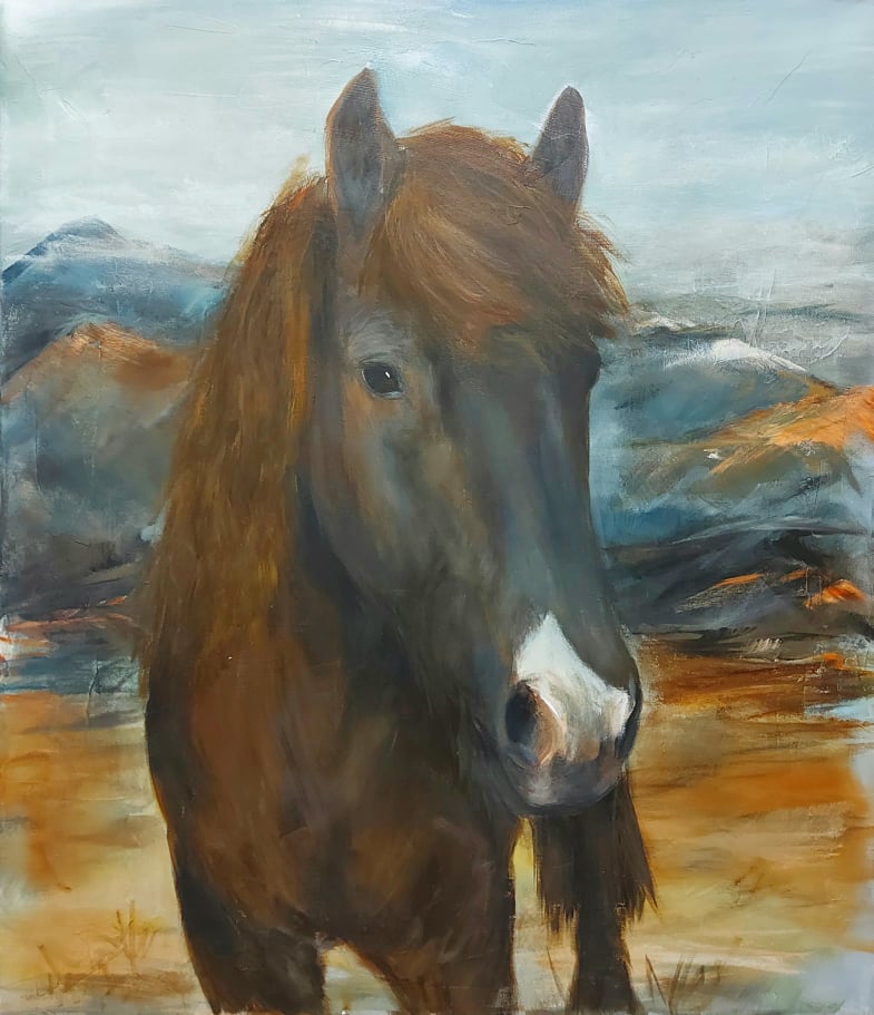 Smuk islandsk hest. Maleri af en smuk islænder lige midt i den islandske natur.